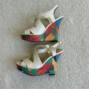 Adrianna Papell Boho Chic Colorful Geometric Print Cork Wedge Platform Sandals
